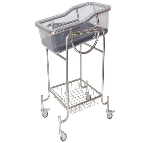 China Four Silent Castor Stainless Steel Baby Bassinet Crib Adjustable Inclination Angle With ABS Plastic Basin factory