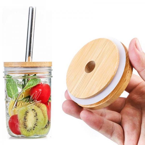 Quality Beer Can Compatible Reusable Lids Bamboo Jar Lid With Straw Hole for sale