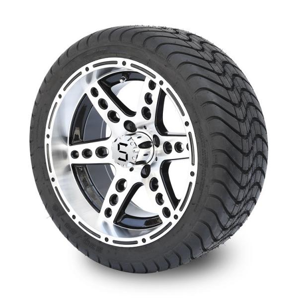 Quality Golf Cart 14'' Machined/Black Aluminum 6 Spokes Rims and 225/30-14 Street Tires Combo for sale