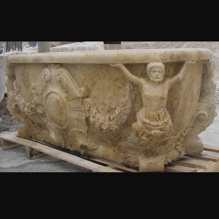 China Hotel Deocration Beige travertine bathtub with figure statue carving for bathroom,china sculpture supplier factory