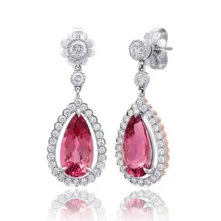 China S925 Yellow Gold Plated Natural Pear Shaped Pink Tourmaline Earrings Halo CZ factory