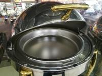 China Durable Stainless Steel Cookwares , Round Roll Top Chafing Dish Stand with Golden Plated Hollow Steel Legs factory