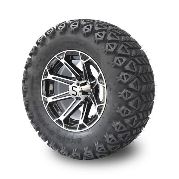Quality 12'' Golf Cart Aluminum Rims & 23x10.5-12 All Terrain Tyres Combo - Machined/Glossy Black for sale