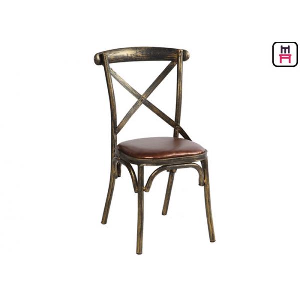 Quality Wood Like X Back Stylish Metal Restaurant Chairs With Brown Leather Seats for sale