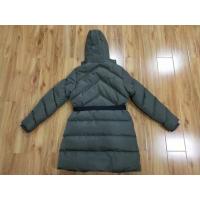 China Polyester Womens Long Padded Coat With Hood Belt Zips Long Puffer Fur Hood factory