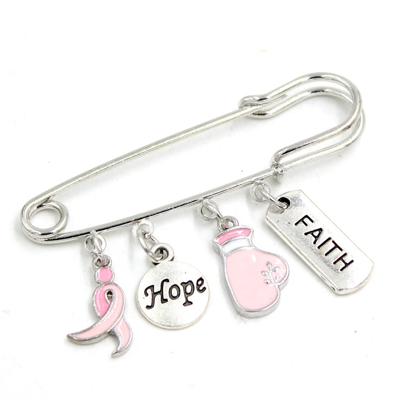 China Wholesale New Arrival Breast Cancer Pink Ribbon Brooch Pins Hope Faith Fighting Glove Pink Ribbon Charms Safety Pin factory
