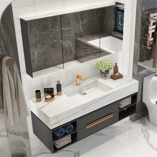 Quality Sintered Stone Countertop Mirrored Bathroom Vanity Wood Bathroom Cabinet SGS for sale