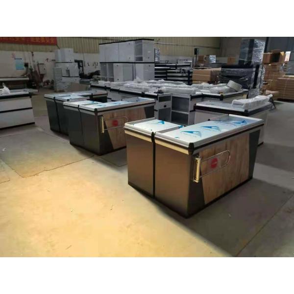 Quality Stainless Steel Supermarket Cash Counter Table Wooden Grain Color for sale
