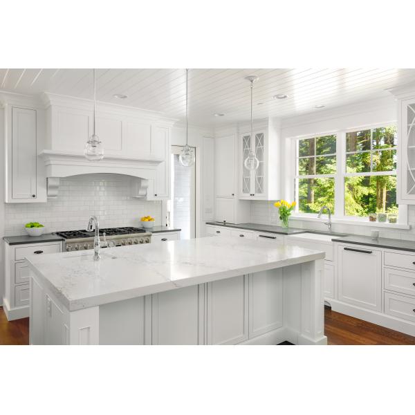 Quality High Glass White Color Calacatta Quartz Stone With Nsf Sgs For Kitchen Top for sale