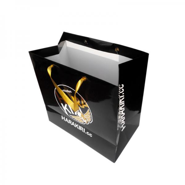 Quality Custom Printed Black Paper Euro Tote Bags With Satin Ribbon Rope Gold Foil Logo for sale