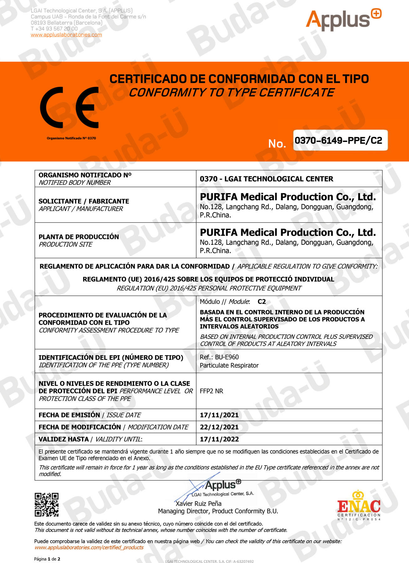 CE 0370 Module C2 Certificate – 1of 2