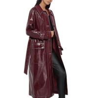 China                  Wine Red Trench Women&prime;s Slim Motorcycle PU Leather Coat Long Slim with Belt Women&prime;s Leather Trench Coats              factory