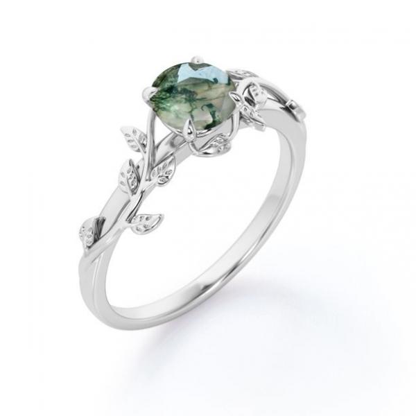 Quality Round Cut Opaque White Druzy Mossy Green Agate Branch Leaf Design One-Stone Engagement Ring for sale