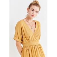 China Latest Gold Linen Maxi Long Wrap V-neck Woman Dress with Pockets for sale
