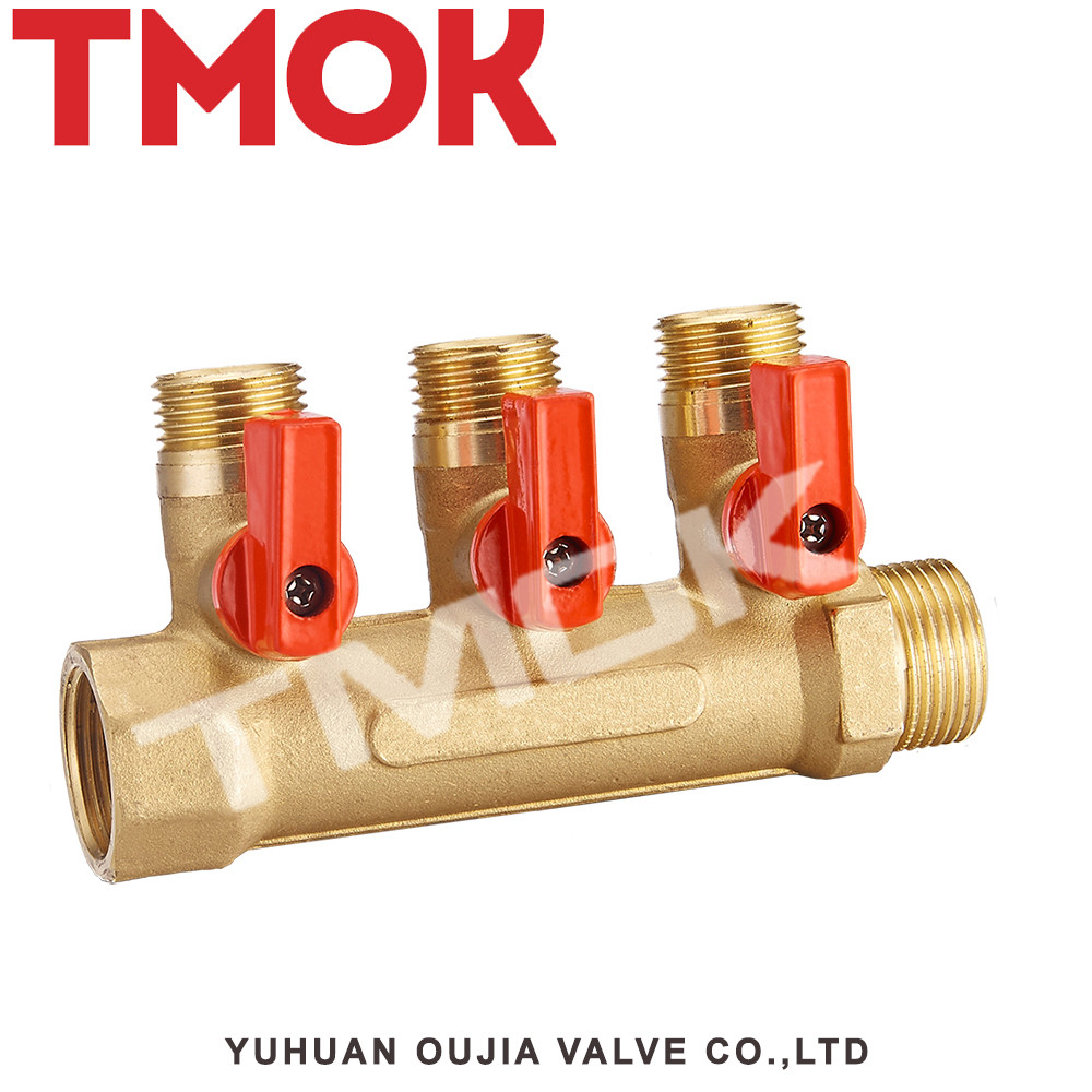 China Sand Blasting Brass Color Body 3/4 Inch Three Way Manifold Valve For Water Distributor factory