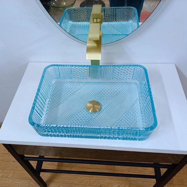 Quality 460mm Length Rectangular Vessel Sinks Glass Bathroom 330mm Width Water Blue for sale