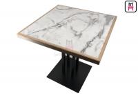 China 4 Person Buffet Laminate Dining Table White Marble Pattern HPL with Pine Wood Edge factory