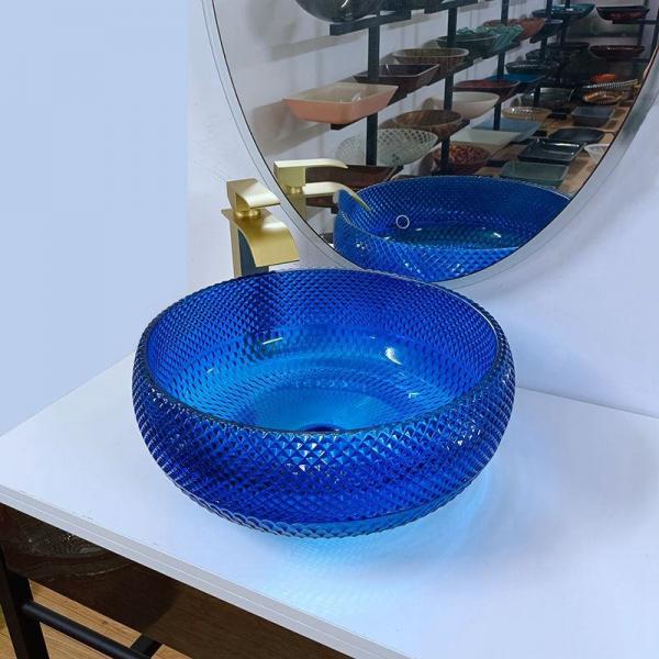 Quality Italian Design Blue Glass Sink Bowl 16.5 Inch Round Glass Above Counter Basin for sale
