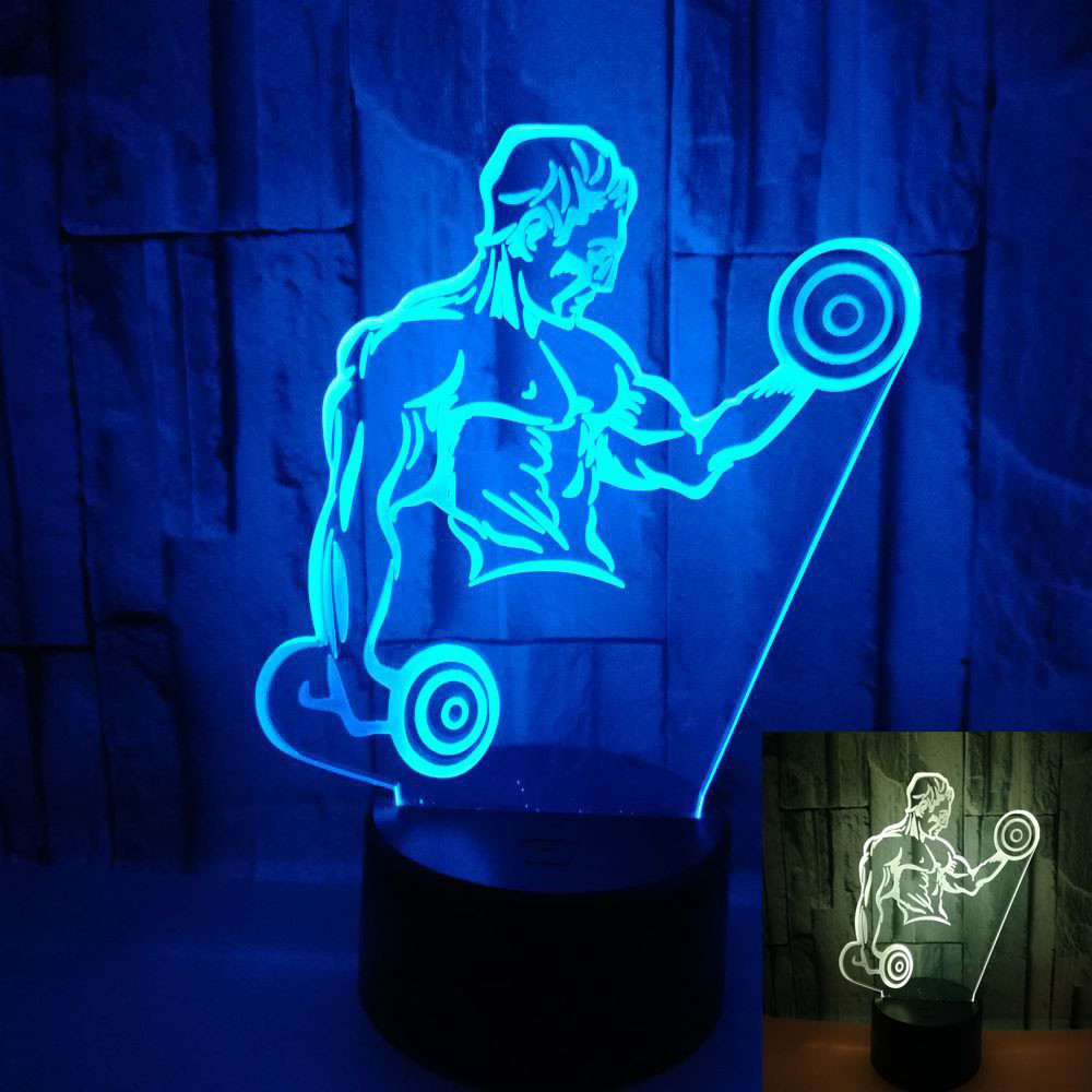 China Hot sale muscle man 3D LED night light for kids boys Dumbbell fitness control LED visual light Gift 3D table lamp for sale