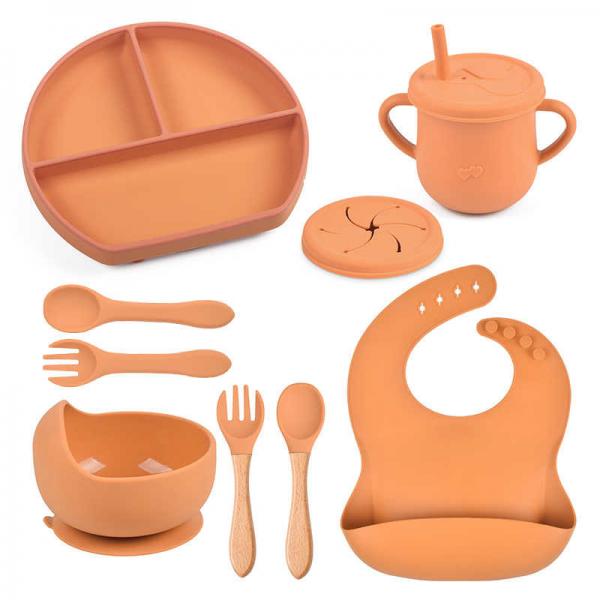 Quality Orange 9pcs Baby Silicone Feeding Set Weaning Plates And Bowls for sale
