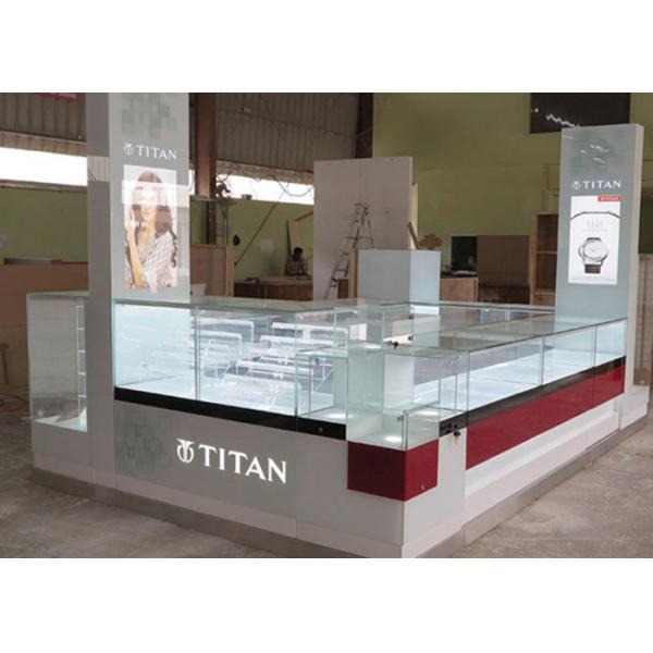 Quality Watch Custom Mall Kiosk Crystal Glass Combine Wood With LED Spot Lights for sale