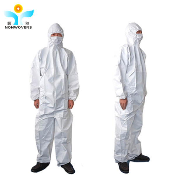 Quality 55gsm PP SMS Non Woven Protective Coverall Hooded Disposable Protective Suit For for sale