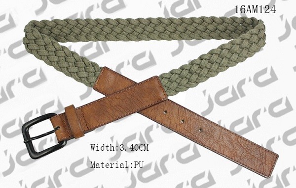 China Khaki Polyester / Brown PU Mens Braided Belts With Square PU Tip 3.4cm Width factory