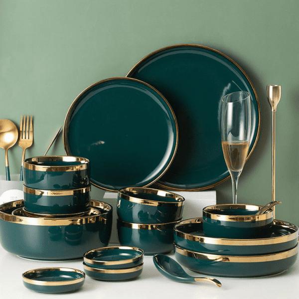 Quality Hot Sale Exquisite Life High Quality Gold Frame Dark Green Home Porcelain Dinner Set Ceramic Tableware Set for sale