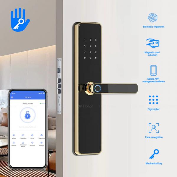 Quality TT Lock Gold Smart Front Door Locks Anti Peep Password Fingerprint Card Acess for sale