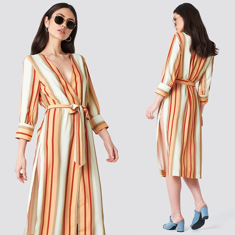 China 2018 Striped Kimono Multicolor Women Autumn Dress factory