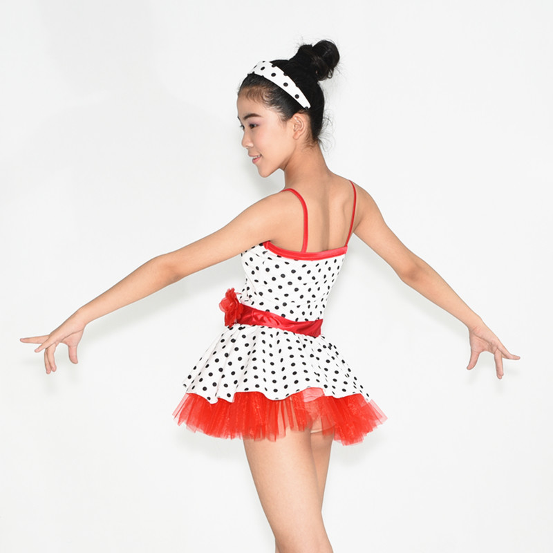 China Lycra Kids Dance Clothes Red White Polka Dot Dance Dress With Flowers Trim factory