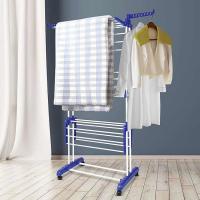 China Stainless Steel 3 Tier Blue Folding Laundry Drying Rack With Two Side Wings factory