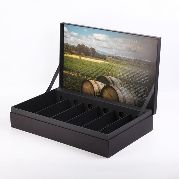 Quality Tailered Rigid Black Paper With Texture 6 Bottle Wine Packaging Box With Cardboard Insert for sale