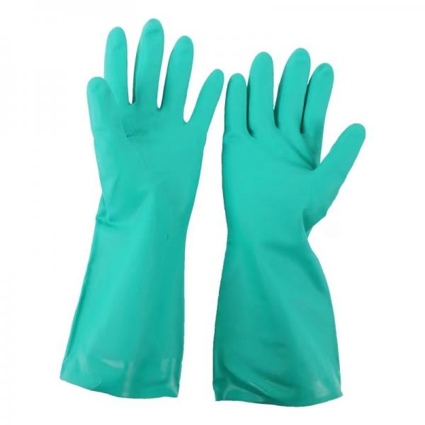 Quality 13 INches Gloves Green Nitrile For Chemical Handling Flock Lining 33cm for sale