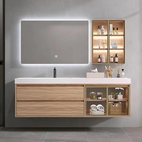 Quality Stereoscopic Mirror Bathroom Vanity Units , Ceramic Wood Basin Cabinet for sale