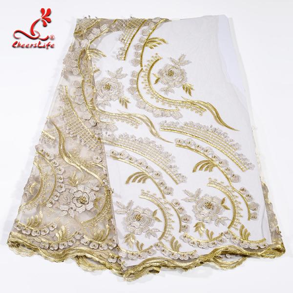 Quality Heavy Tulle Beaded Embroidered Lace Fabric For Bridal Dress Azo Free Dyeing for sale