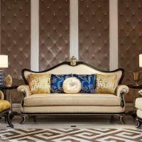 China 010# wooden carved Luxury home furniture Royal genuine leather sofa set. 1+2+3 seater combination fabric sofa factory