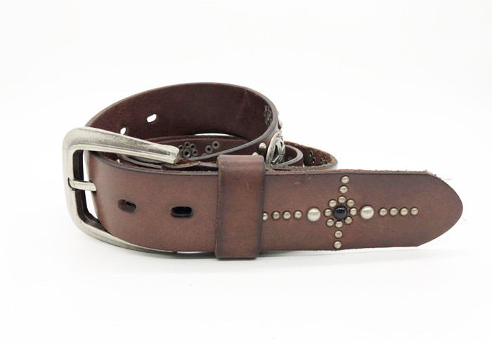 China Men Genuine Leather Studded Belt 3.2cm Width With Light Brown Color factory