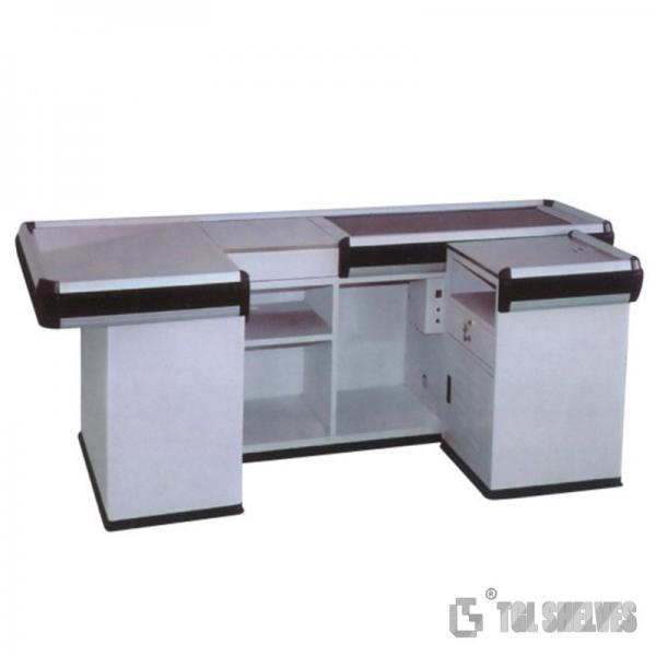 Quality Stainless Steel Supermarket Cash Counter Table Wooden Grain Color for sale