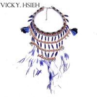 China VICKY.HSIEH Fashion Rhodium Tone Fabric Wrapped Chain Feather Tassel Statement Choker Necklace factory