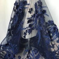 China Navy Blue 3D Flower Lace Fabric with Pearl Beaded Applique for Ladies Dress factory