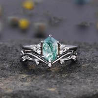 China Engagement 925 Sterling Silver Hexagon Cut Natural Quartz Ring Real Green Moss Agate factory