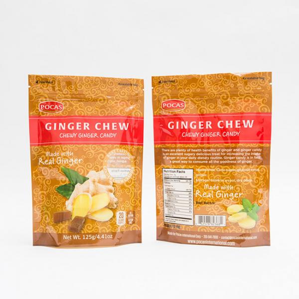Quality 125g PE80 PET12 Candy Pouch Bag Ginger Chew With Window And Bottom Gusset for sale