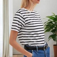 China Unisex Striped Short Sleeve Round Neck T-Shirt Woven Technique Plain Dyed Women's Clothing for sale