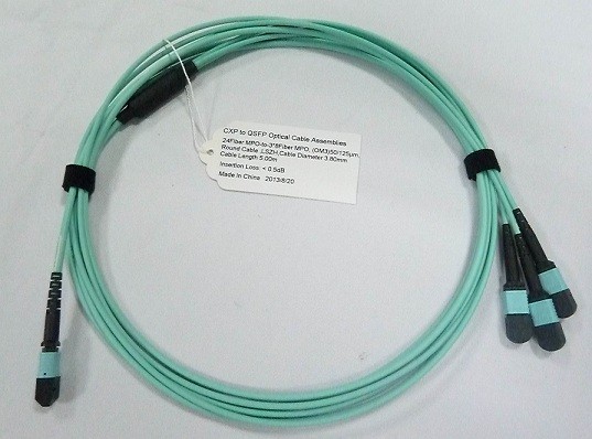 Quality 24 Fiber Optical MTP MPO  Cable Assemblies OM3 10G Aqua 25 Meter Blue for sale