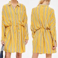 China Yellow Stripe Drawstring Ladies Casual Shirt Dress Long Sleeve for Women factory