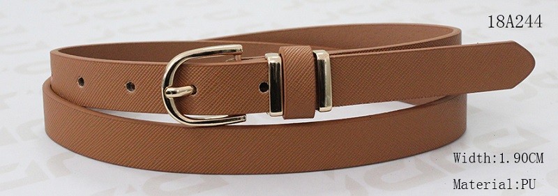 China Skinny Tan PU Belt For Lady , Womens Fashion Belts With 2 Metal Loops & 1 PU Loop factory