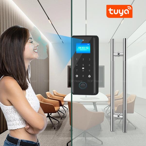 Quality Tuya Smart Fingerprint Door Lock 3D Face Passcode IC Card Glass Door Biometric Lock for sale
