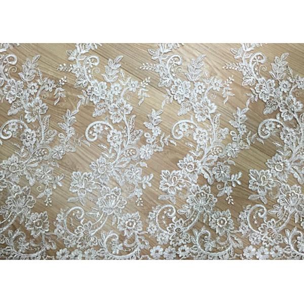 Quality Delicate Ivory Corded Lace Fabric , Floral White Embroidered Tulle Fabric For for sale