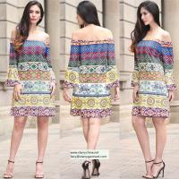 China strapless short printed women dress with pattern design in puff sleeve factory